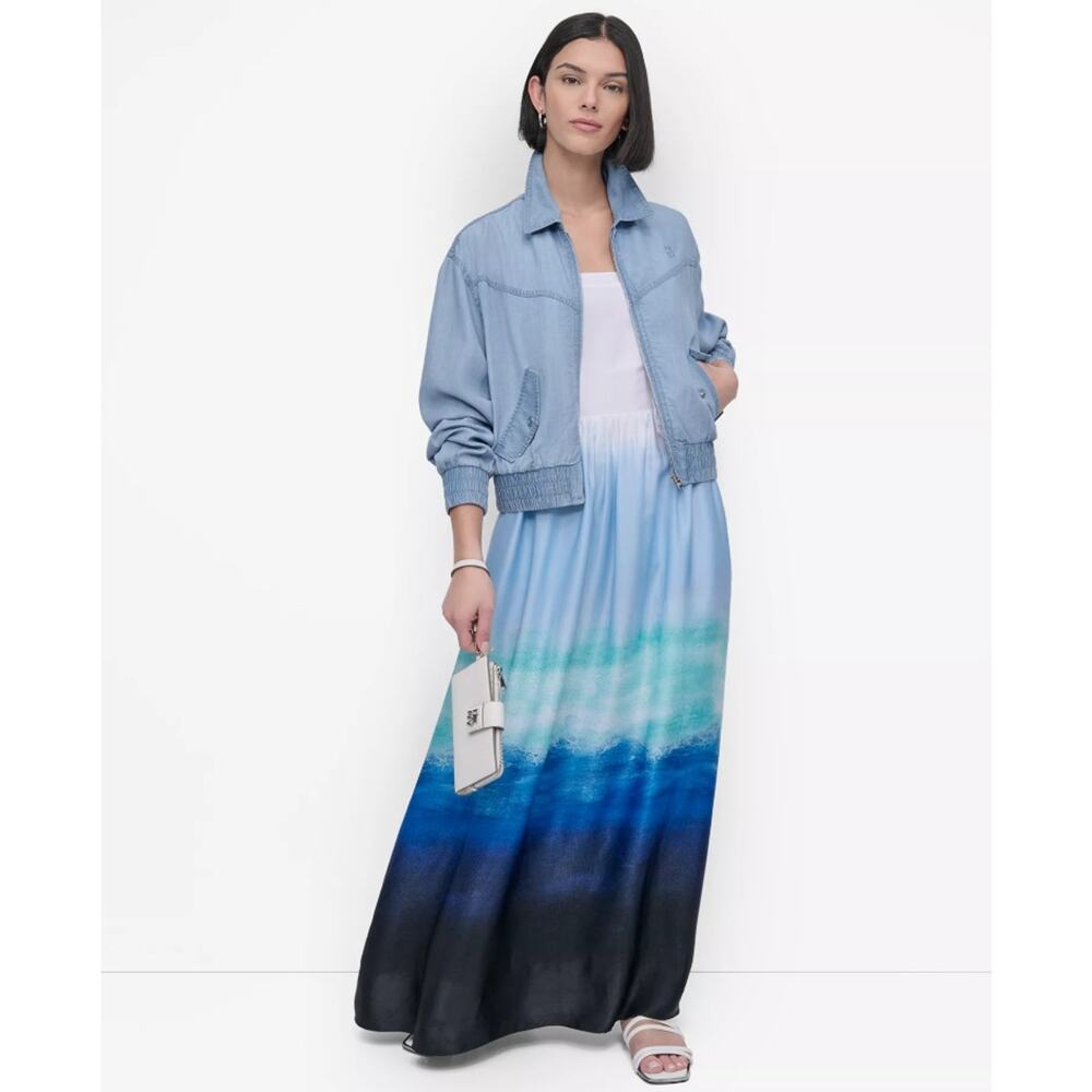 DKNY Women Seafoam Ombre Printed Satin Sleeveless Fit & Flare Maxi Dress Size S - Picture 6 of 10